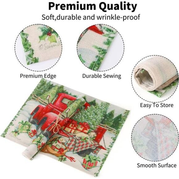 Christmas Placemats Set of 6, Cotton Burlap Red Truck Table Mats, 12x16 inch - Picture 2 of 7